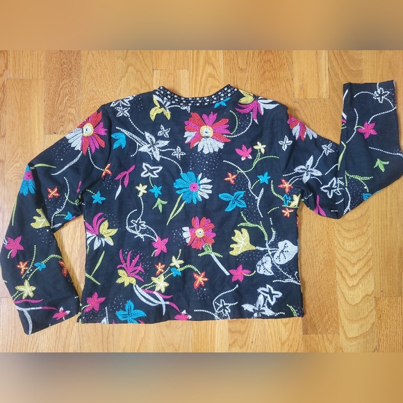 Black Multi-color Embroidered Floral Jacket w/ Embellishment CHICO' SZ. 0 (SM-4) - Picture 8 of 11
